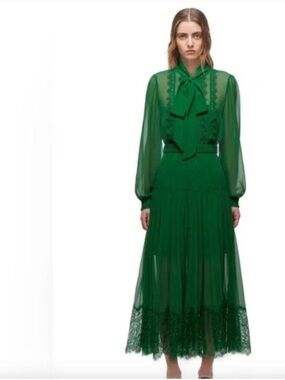 Self-Portrait Green Pleated Dress